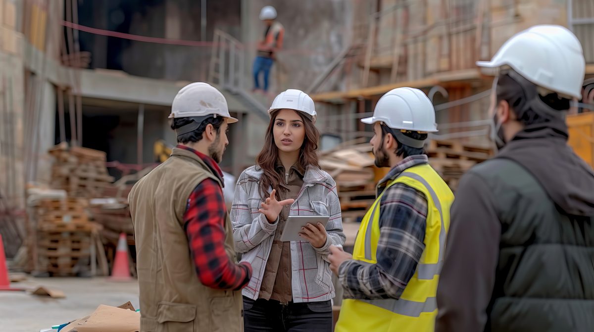 Construction site overview with active workers