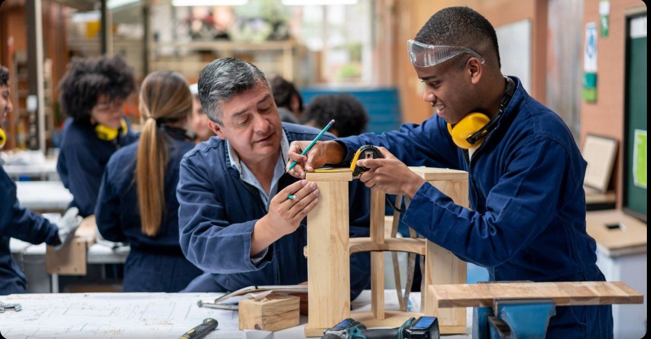 Instructor mentoring a trainee on woodworking technique